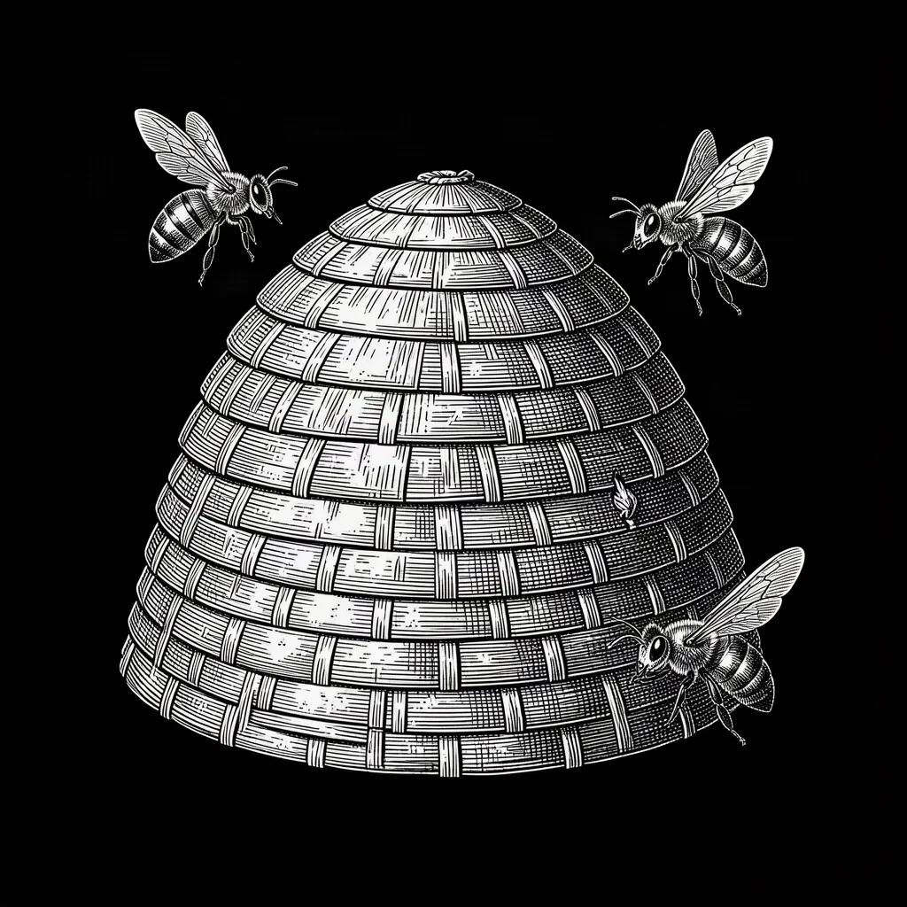 Engraving of a beehive with bees — the Buzz community